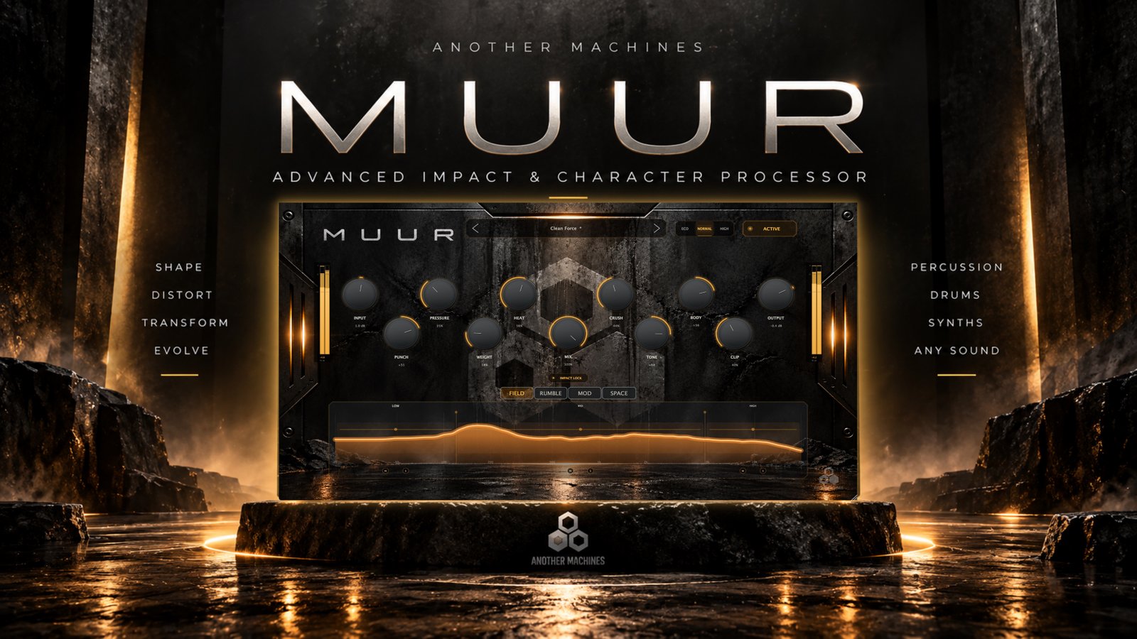 MUUR Advanced Impact and Character Processor interface, lit in amber on a dark pedestal